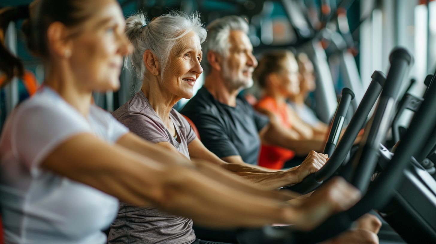 Люди різного віку займаються фітнесом у спортзалі